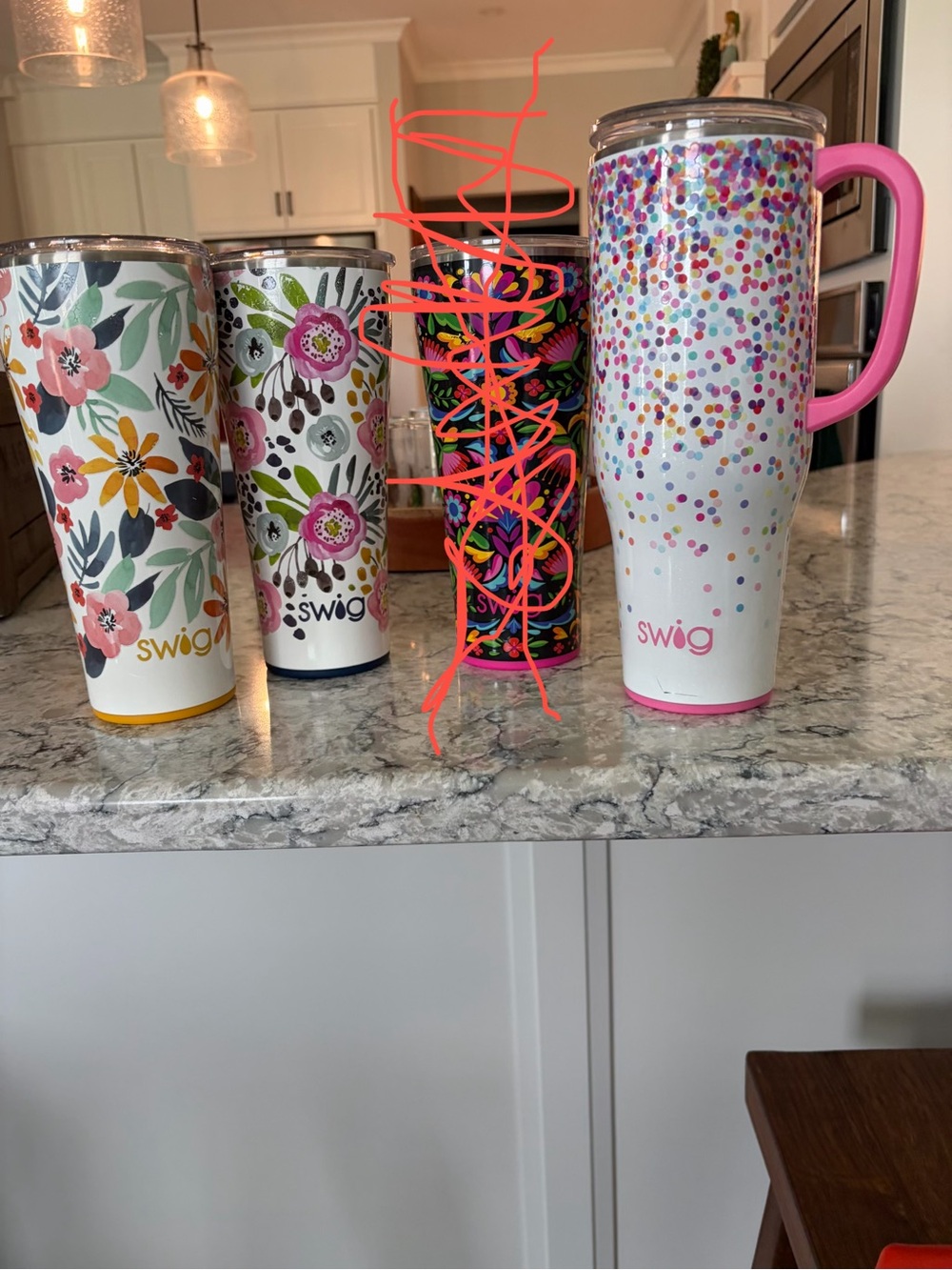 Swig White Confetti Travel Tumbler with Pink Handle and 2 Flowered Tumblers